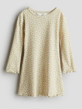 H&M Long Sleeved Pointelle Jersey Dress Light Green/ Floral 3/4t